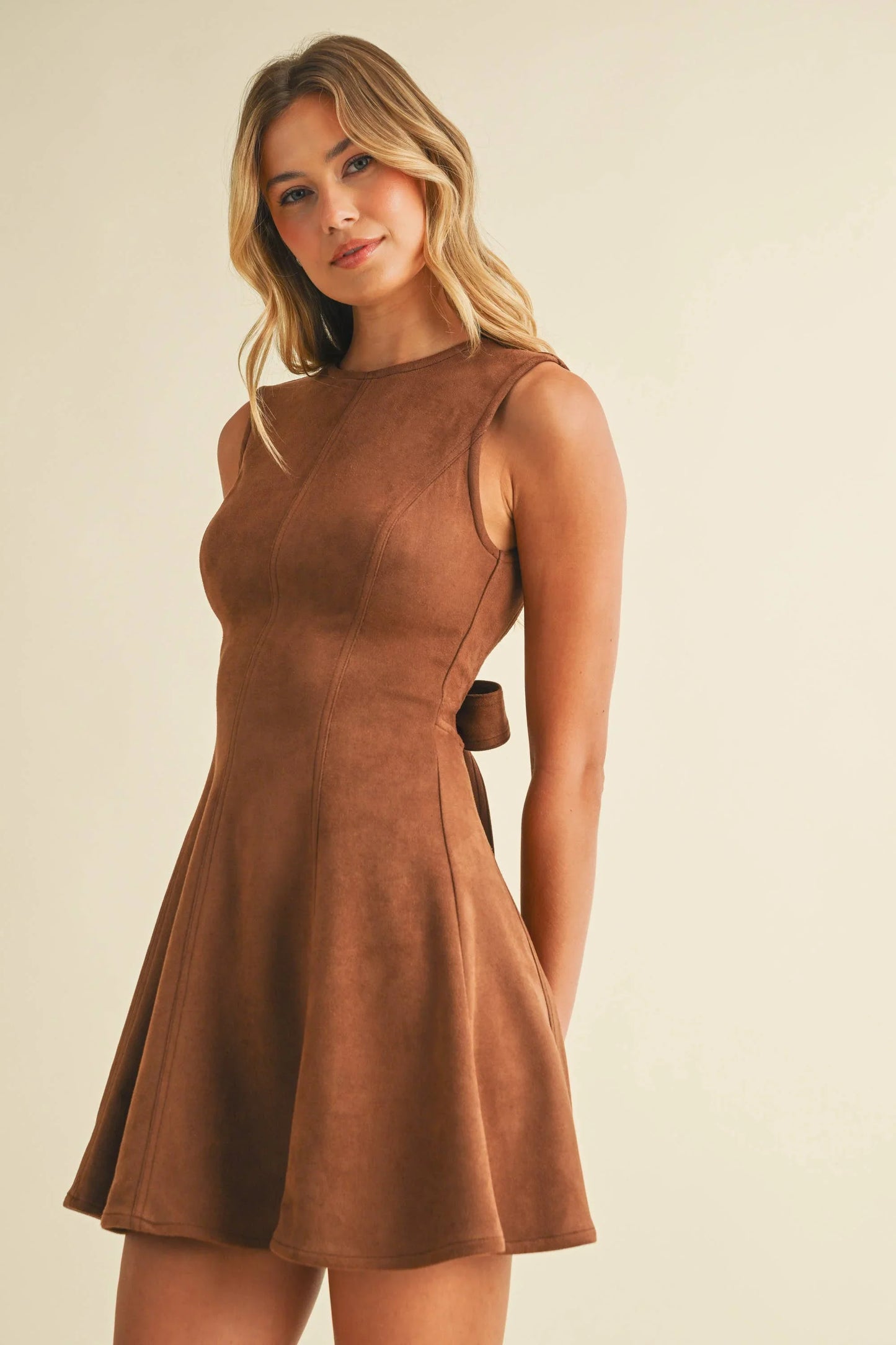 FAUX SUEDE BACKLESS A LINE MINI DRESS - Southern Sassy Boutique