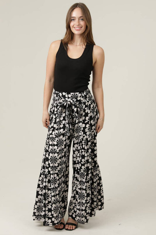 Boho Front Tie Waist Flower Print wide leg Pants