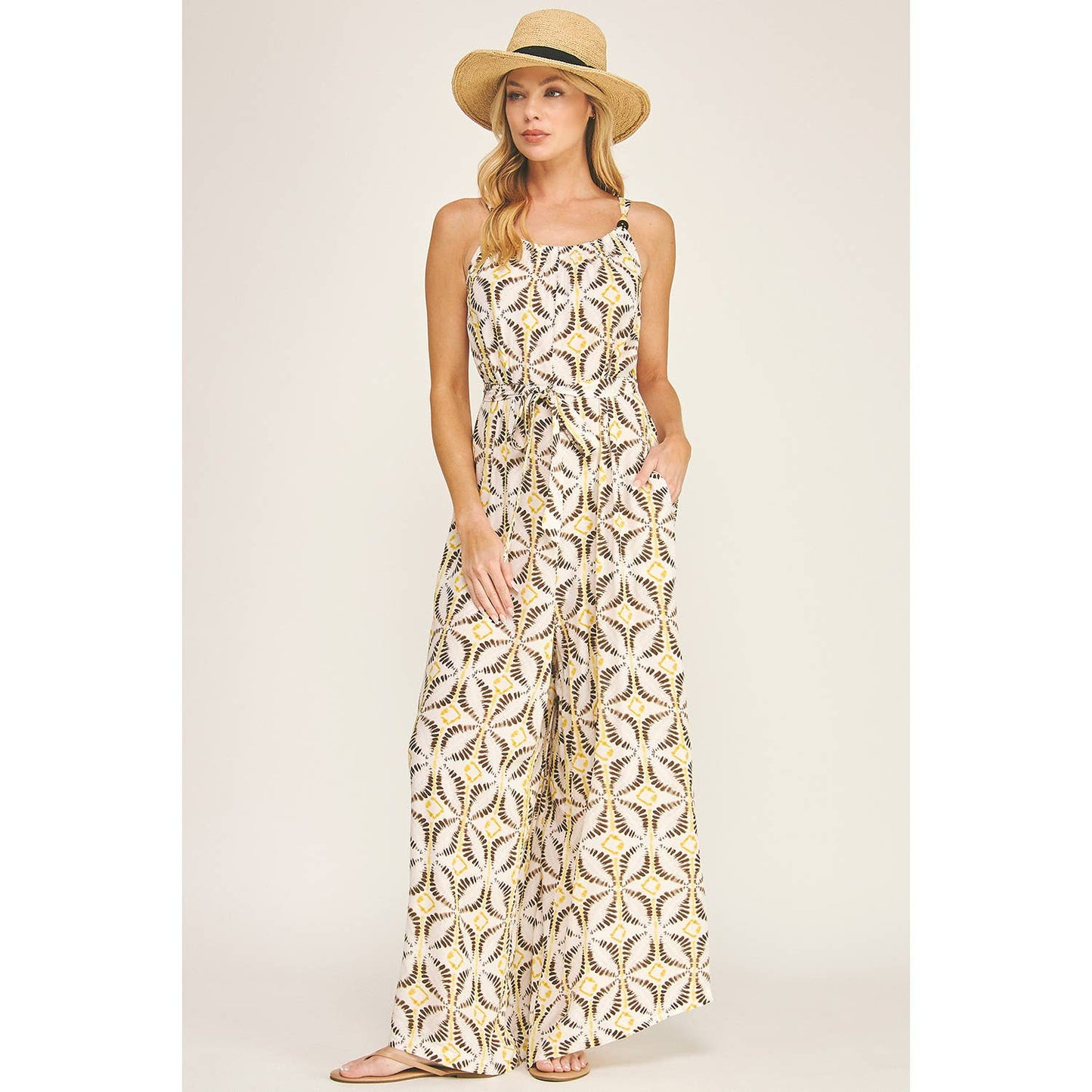 Tie Waist Wide Leg Jumpsuit with Bead Detail