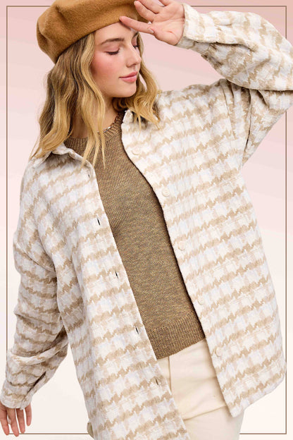 Oversized Houndstooth Patterned Soft Brushed Shacket