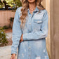 Light Wash Distressed Frayed Long Denim Jacket