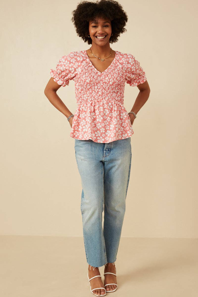 Floral Print V Neck Smocked Panel Top
