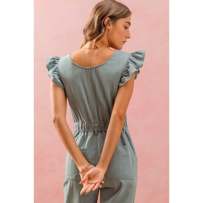FRONT FLUTTER SLEEVE DENIM JUMPSUIT