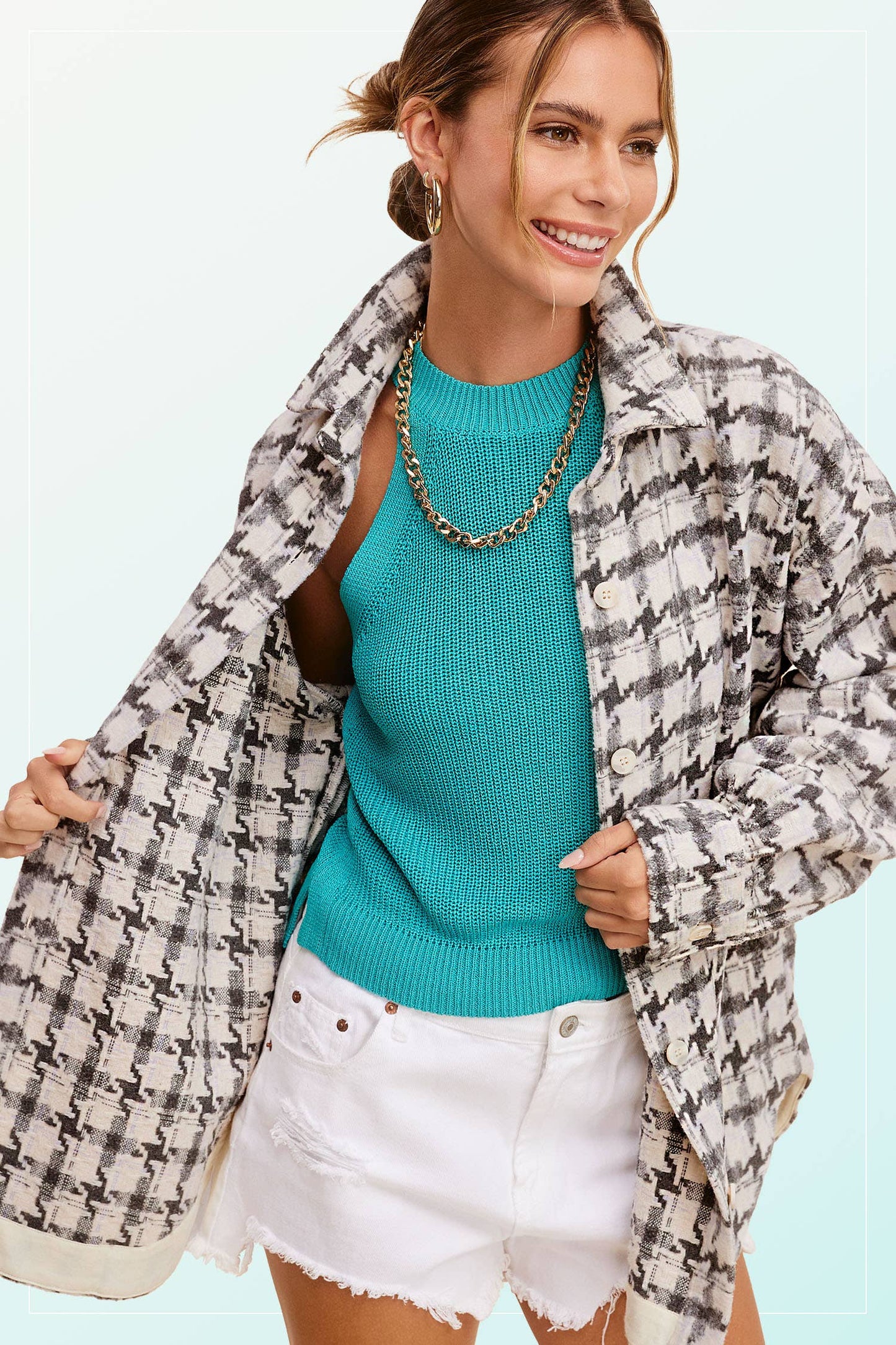 Oversized Houndstooth Patterned Soft Brushed Shacket