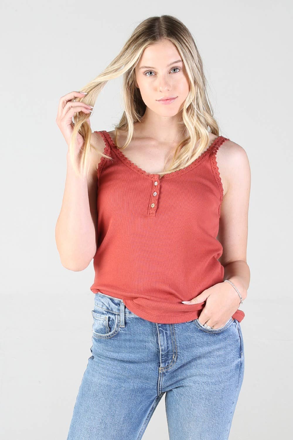 Lace Trim Rib Knit Cami Tank Top