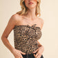 LEOPARD DENIM FRONT BOW SMOCKED STRAPLESS TOP