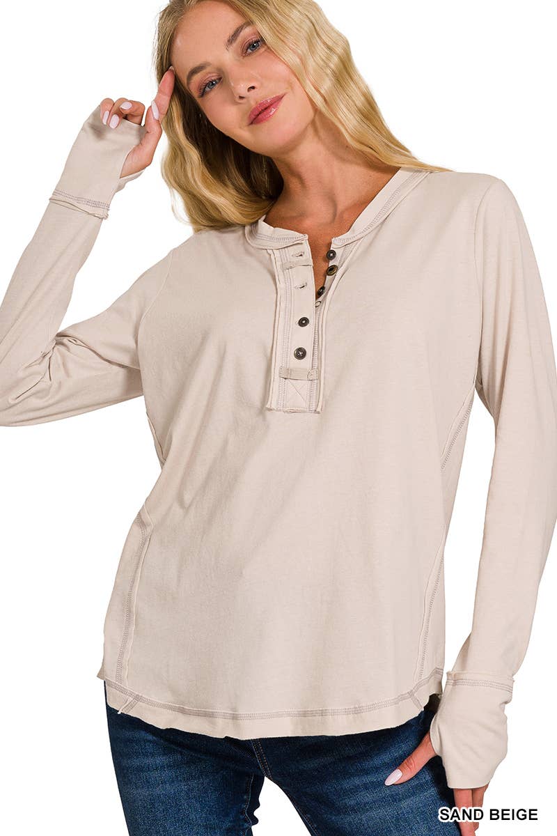 Thumb Hole Cuffs Button Closure Long Sleeve Top