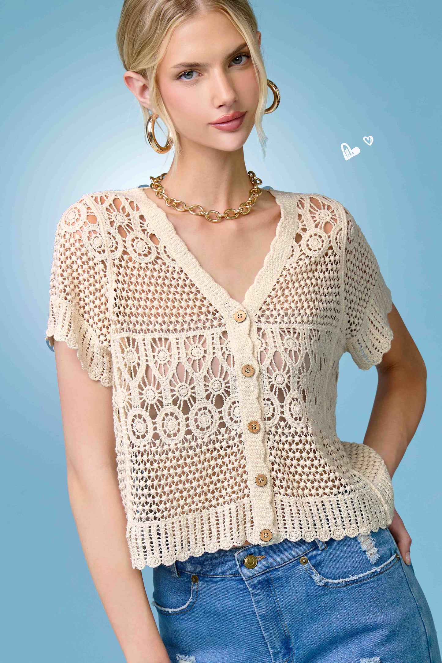Open Knit Scallop Edge Button Down Cardigan