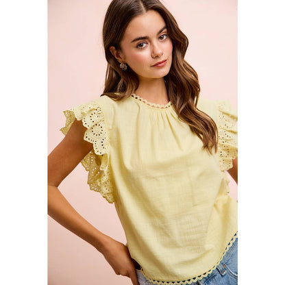 COTTON SOLID RUFFLE SLEEVE LACE DETAIL BLOUSE TOP