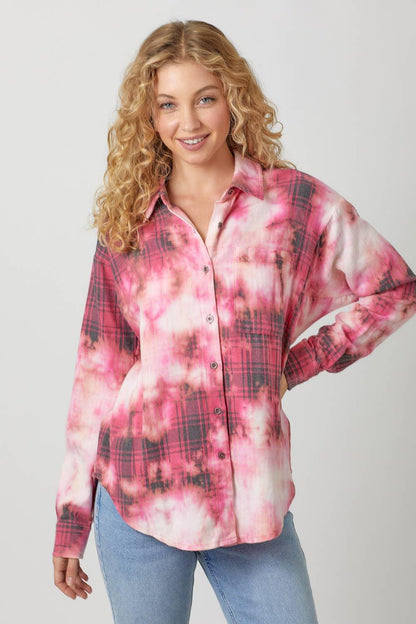 Bleach Dyed Plaid Shacket - Southern Sassy Boutique