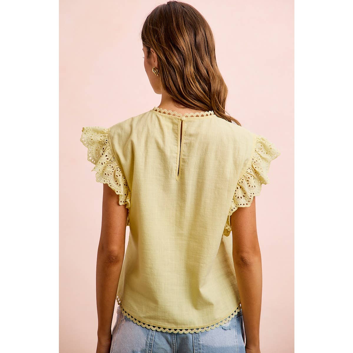 COTTON SOLID RUFFLE SLEEVE LACE DETAIL BLOUSE TOP