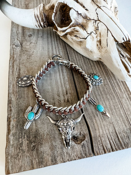 Western Charm Concho Bracelet - Cactus Arrow Conch Steer