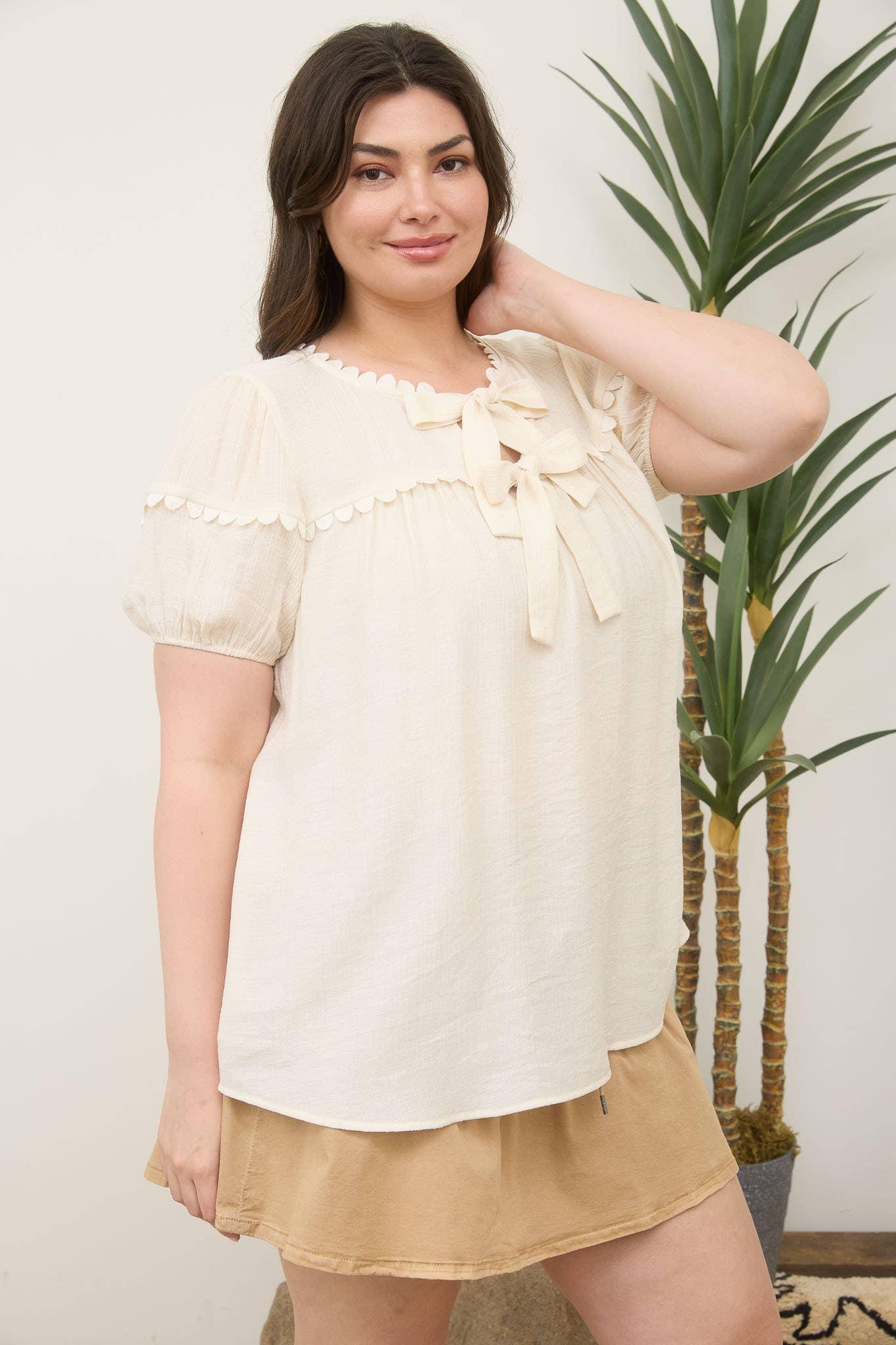 PLUS SCALLOP TRIM FRONT TIE DETAIL PUFF SLEEVE TOP - Southern Sassy Boutique