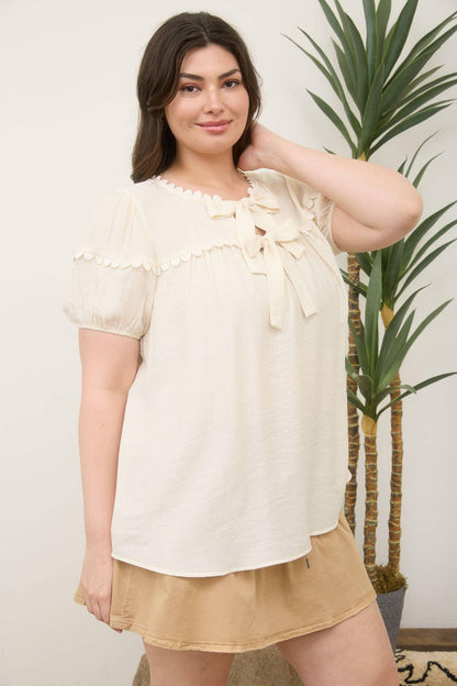 PLUS SCALLOP TRIM FRONT TIE DETAIL PUFF SLEEVE TOP - Southern Sassy Boutique