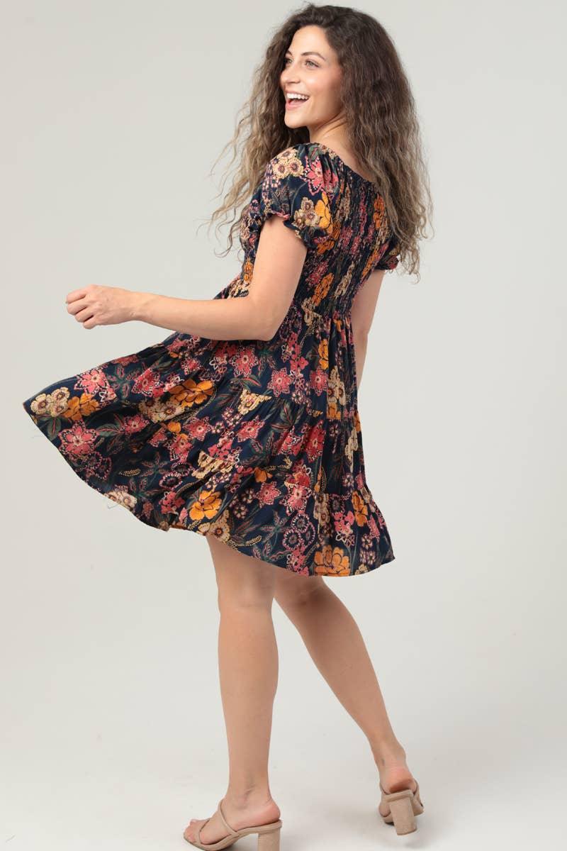 V NECK SMOCKED BODICE SHORT SLEEVE DRESS - Southern Sassy Boutique