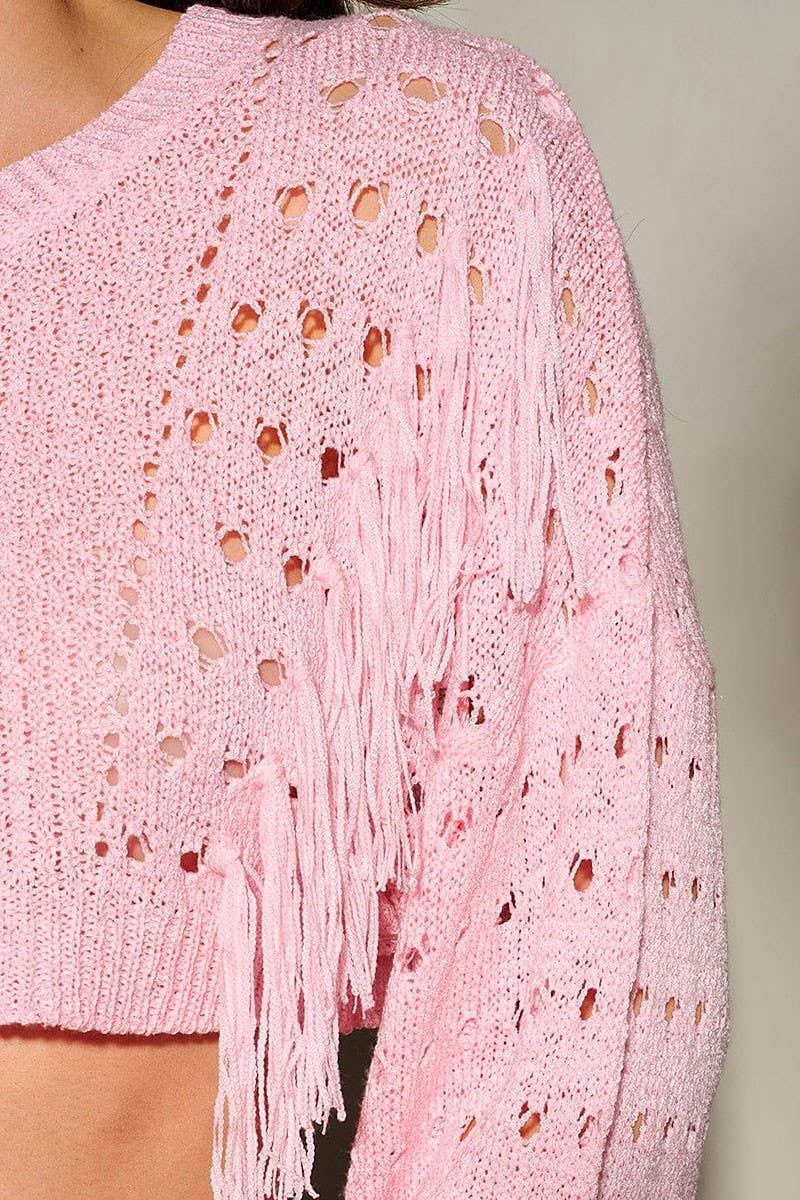 Fringe Detailed Knitted Sweater - Southern Sassy Boutique