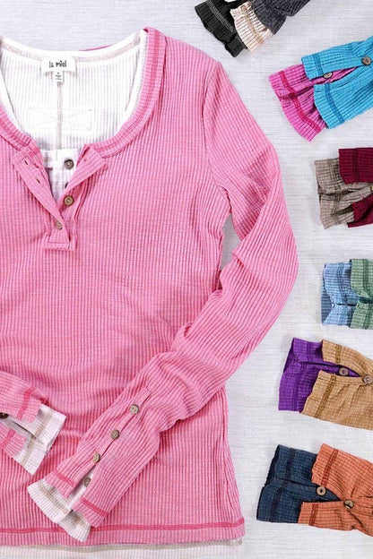 Ribbed Henley Neck Stitched Fitted Long Sleeve Top