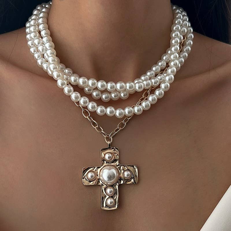 Multi Wrap Pearl Beaded Cross Charm Necklace