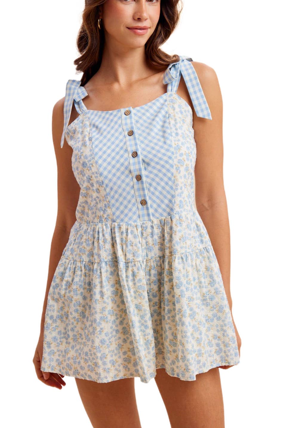 Floral Gingham Tie-Shoulder Romper