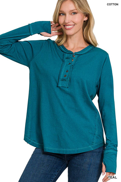 Thumb Hole Cuffs Button Closure Long Sleeve Top