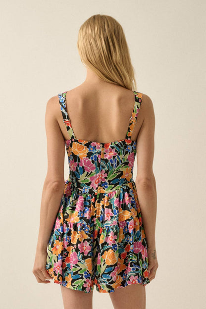 Floral Satin Sleeveless Sweetheart Tiered Ruffle Romper