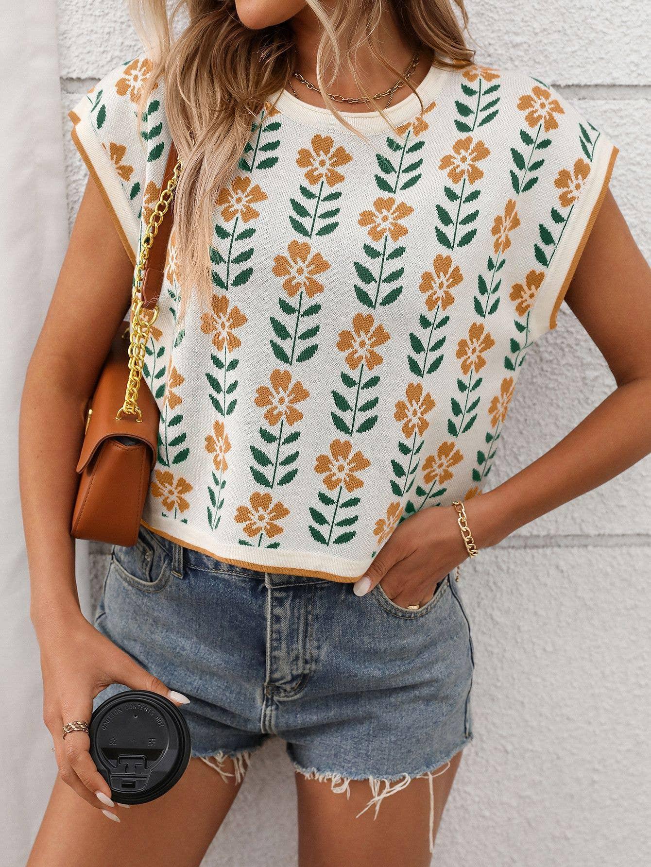 Floral Knit Sweater Vest Top - Southern Sassy Boutique