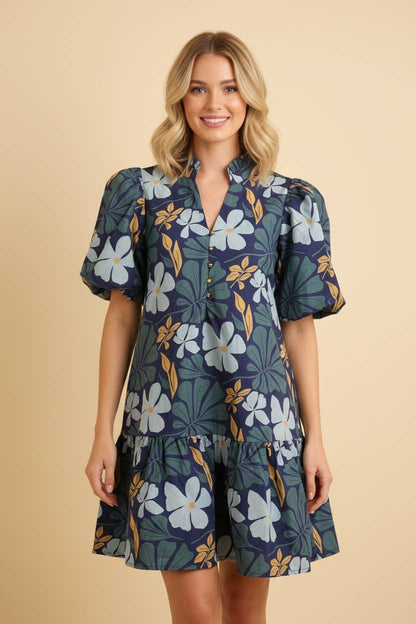Botanical Print Puff Sleeve Tiered Mini Dress