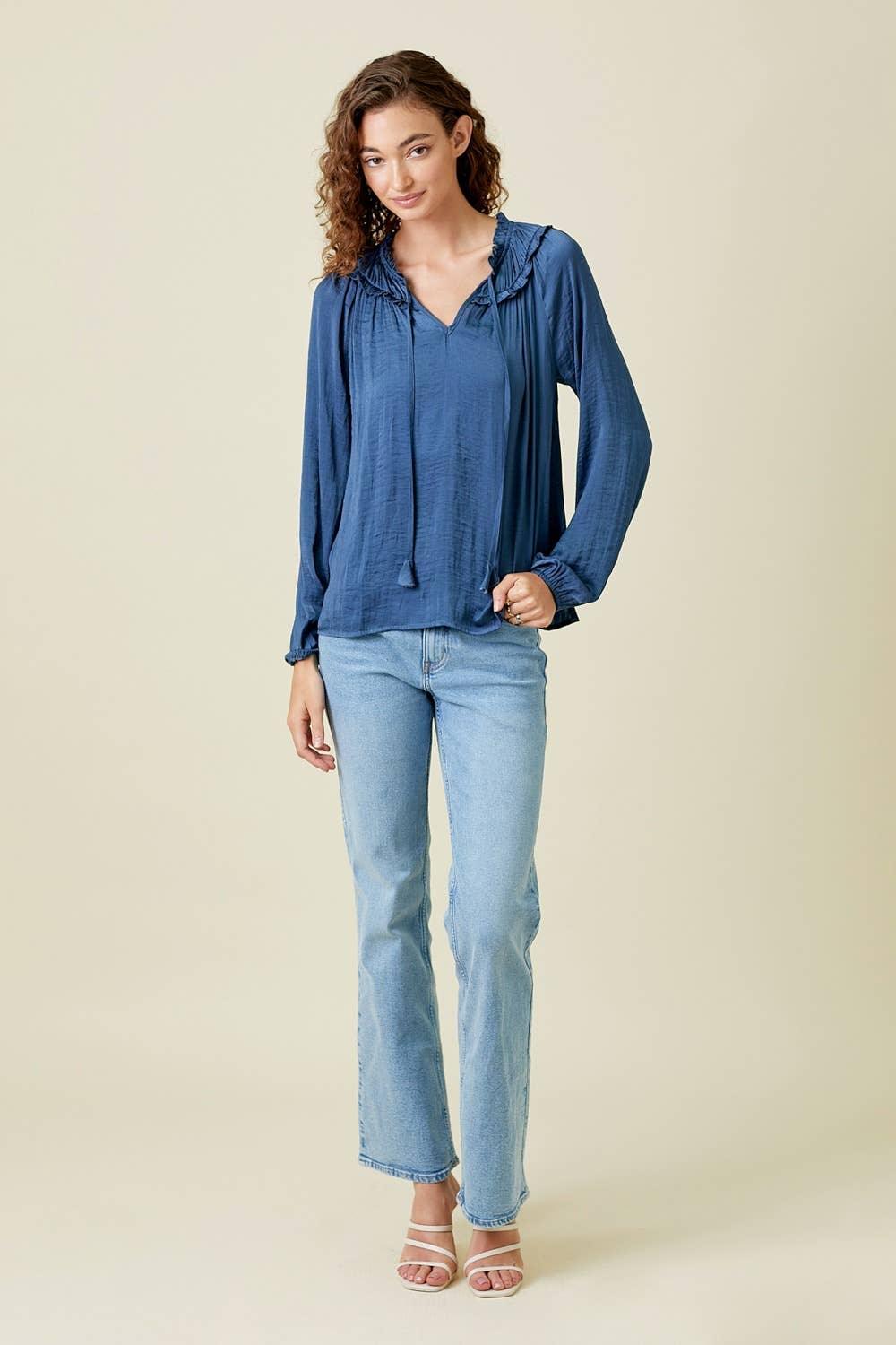 Ruffled Satin Blouse - Southern Sassy Boutique