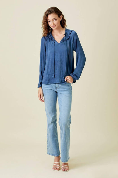 Ruffled Satin Blouse - Southern Sassy Boutique