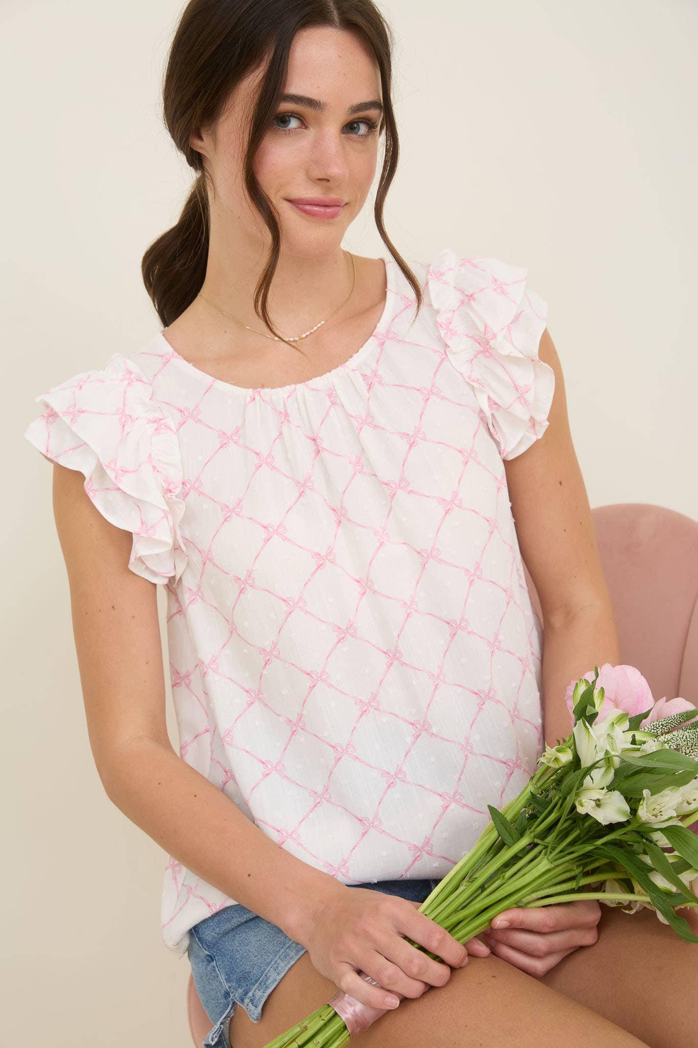 BOW CLIP DOT PATTERN RUFFLE SLEEVE BLOUSE - Southern Sassy Boutique