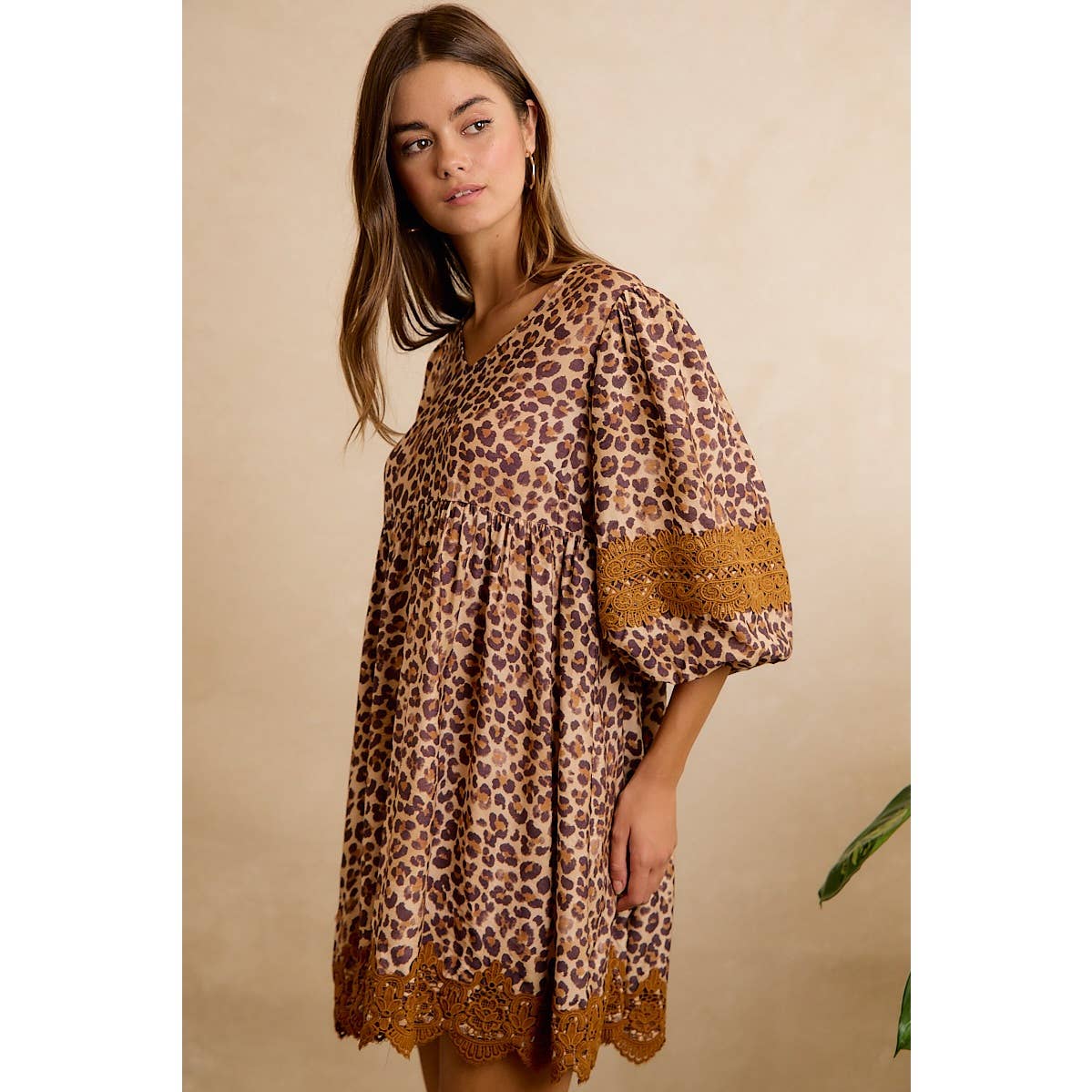 Leopard V-Neck Dress with Lace Trim