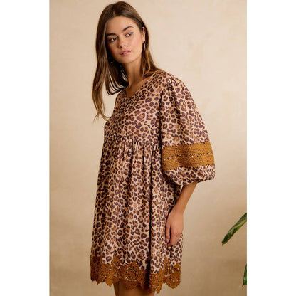Leopard V-Neck Dress with Lace Trim