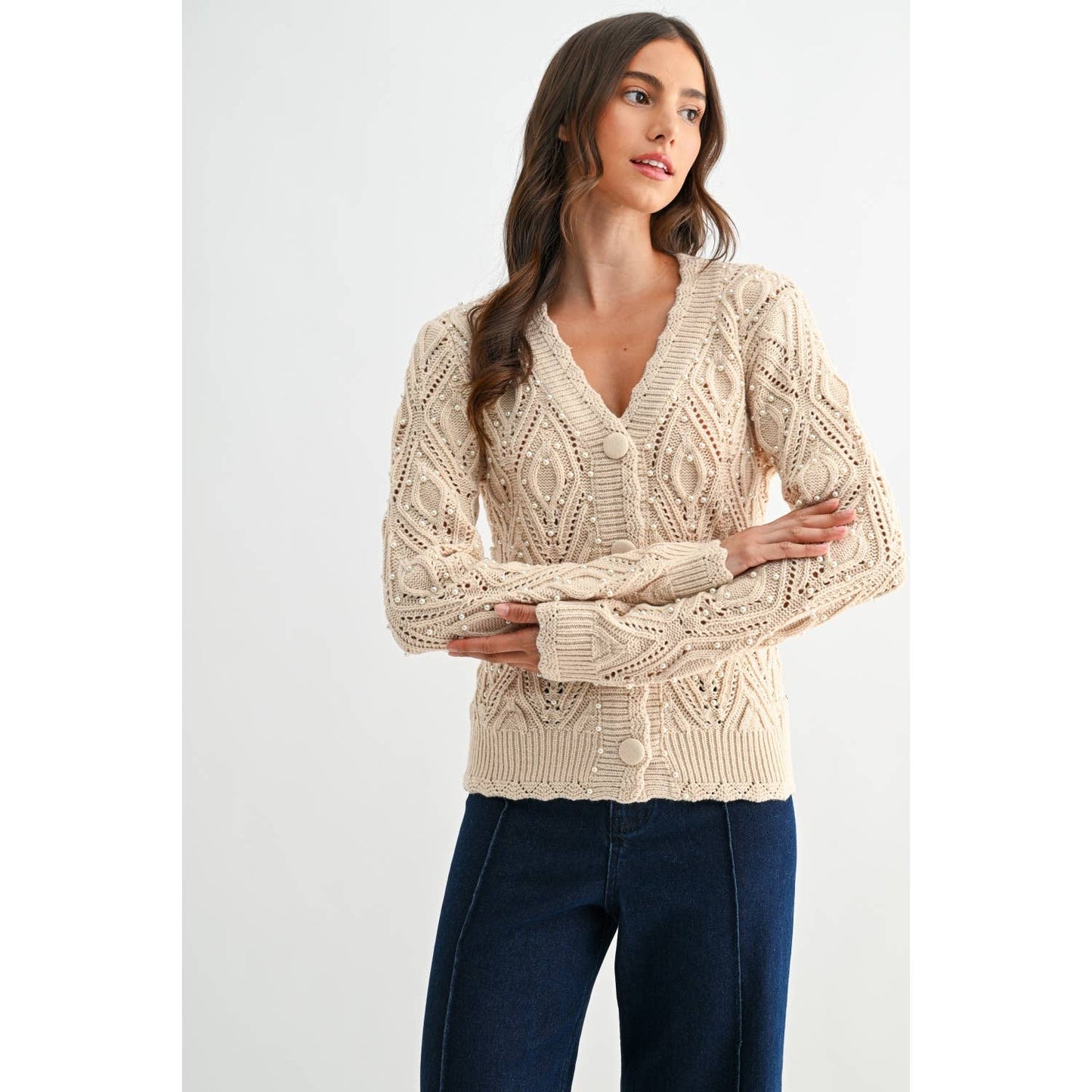PEARL EMBELLISHED KNIT CARDIGAN