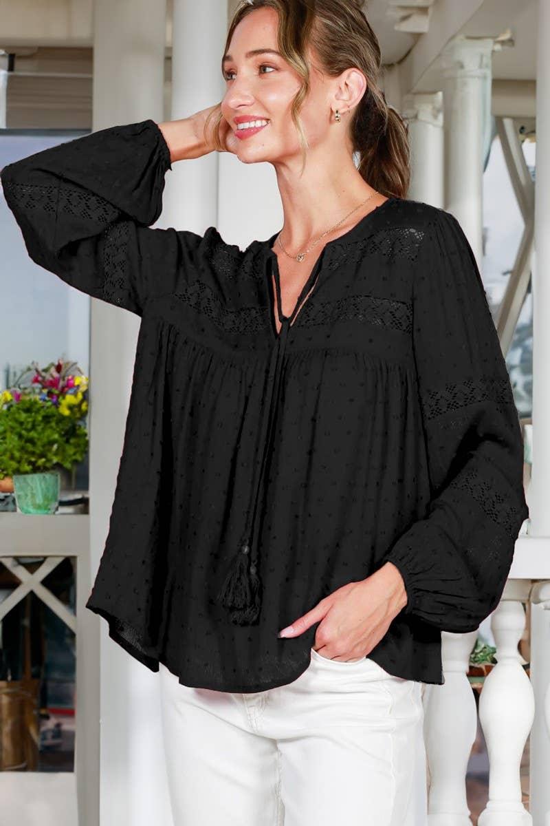 Lace Trim Swiss Dot Rayon Gauze Tassel Tie Neck Top VT82515- - Southern Sassy Boutique