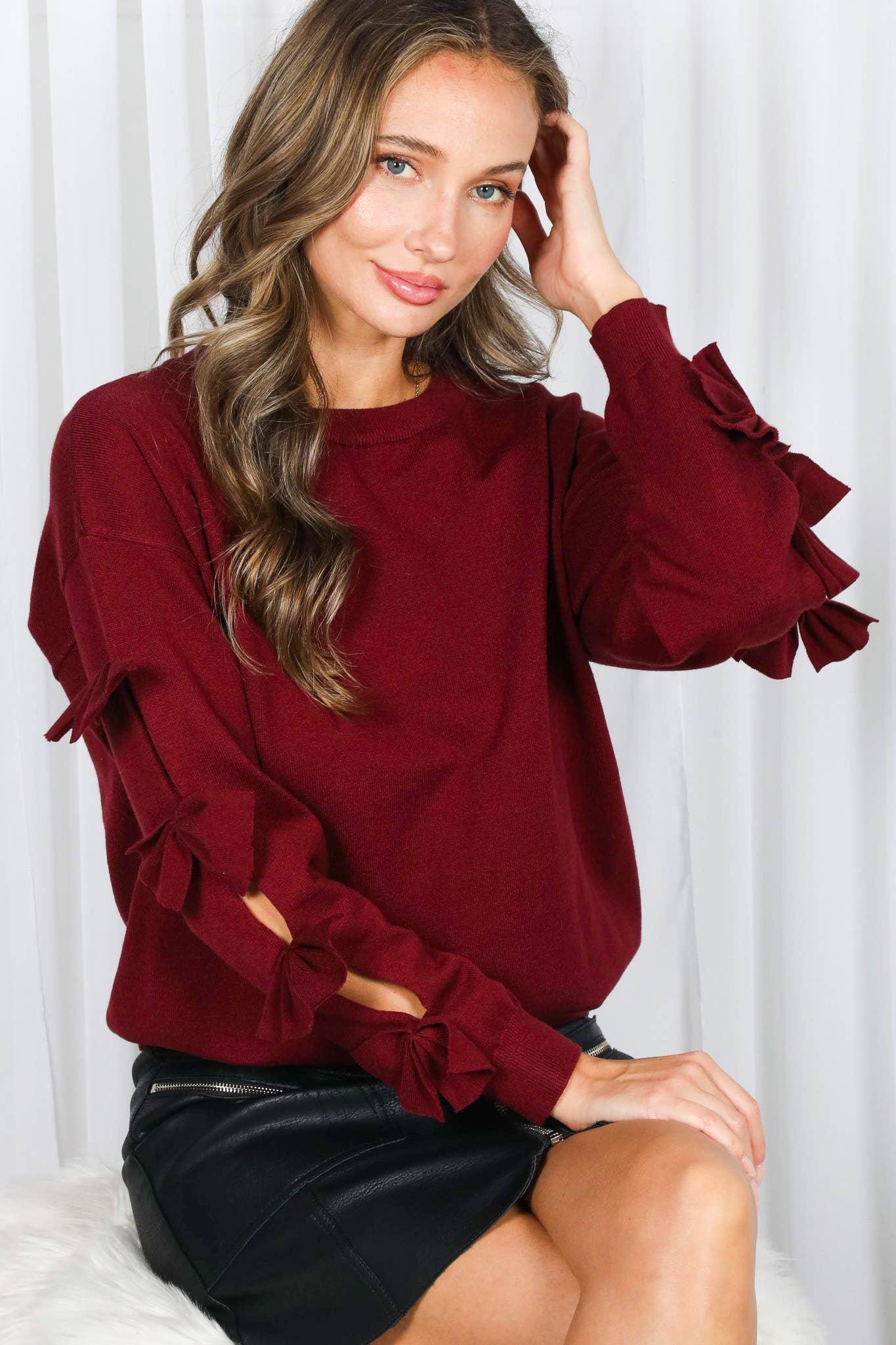 Bow Embellished Long-Sleeve Crew Neck Knit Sweater VT82605- - Southern Sassy Boutique