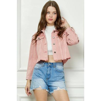 Stripe Rhinestone Distressed Color Denim Jacket - Southern Sassy Boutique