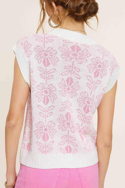 Floral Pattern Sleeveless Sweater Vest Top - Southern Sassy Boutique