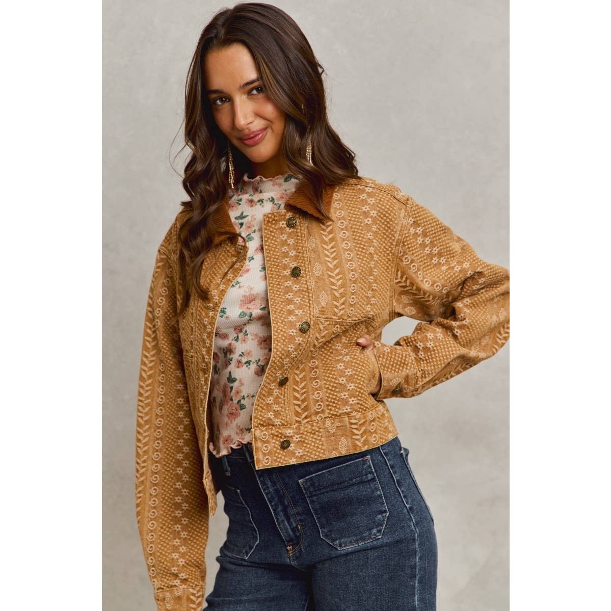 Floral Pattern Twill Corduroy Collar Denim Jacket