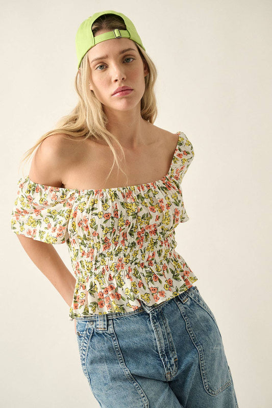 Floral Crepe Square Neck Smock Waist Blouse
