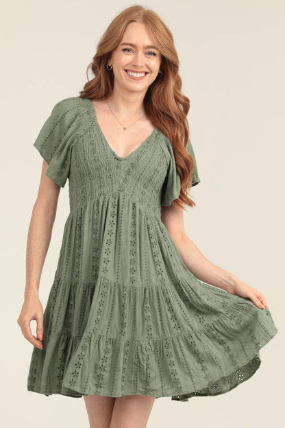 V NECK SMOCKED BODICE EYELET EMBROIDERED DRESS - Southern Sassy Boutique