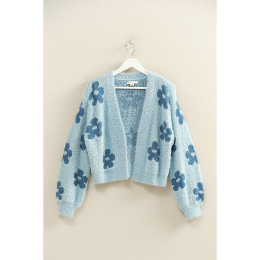 Floral Pattern Fuzzy Sweater Cardigan - Southern Sassy Boutique