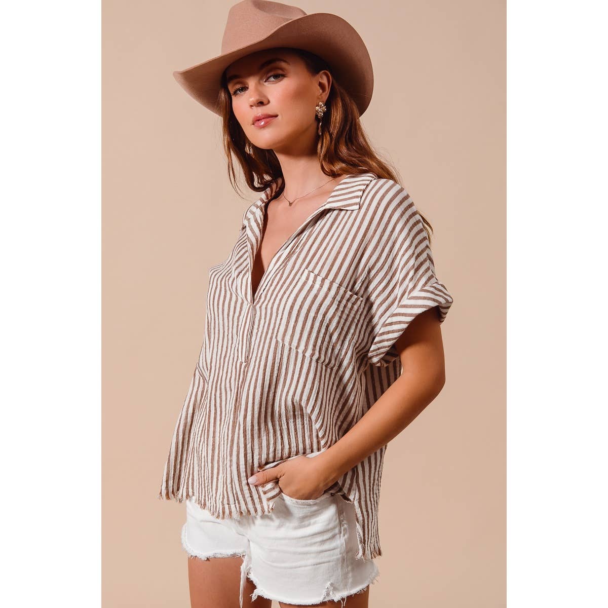 PLACKET DOLMAN STRIPE SHIRT BLOUSE TOP