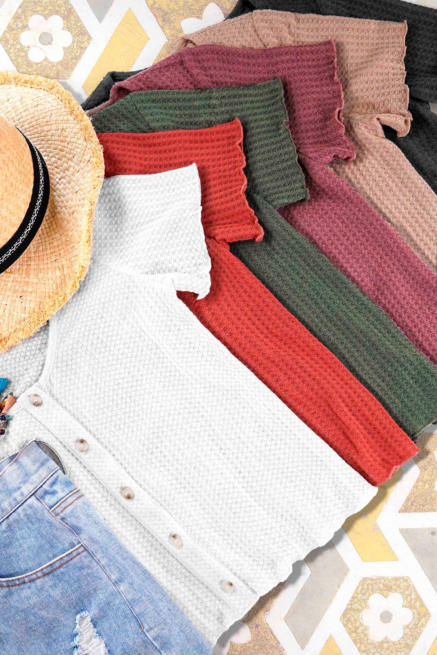 Stretchy Brushed Waffle Knit Short Sleeve Button Top