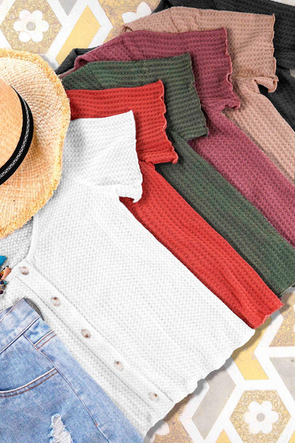 Stretchy Brushed Waffle Knit Short Sleeve Button Top - Southern Sassy Boutique