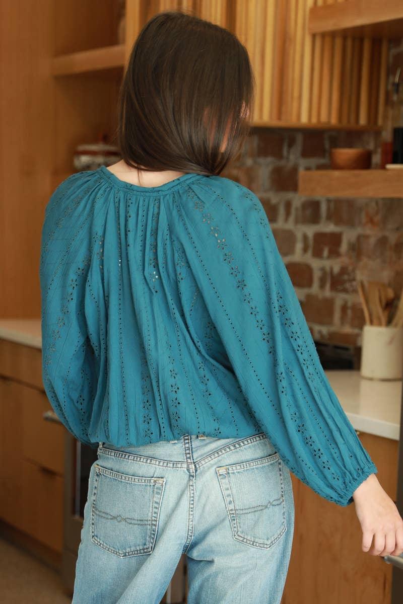EYELET EMBROIDERED BUTTON FRONT BLOUSE - Southern Sassy Boutique
