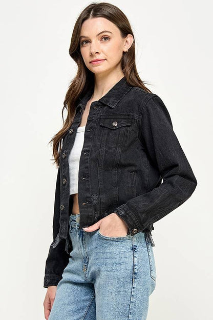 Cropcut Denim Jacket with Distressed - Southern Sassy Boutique
