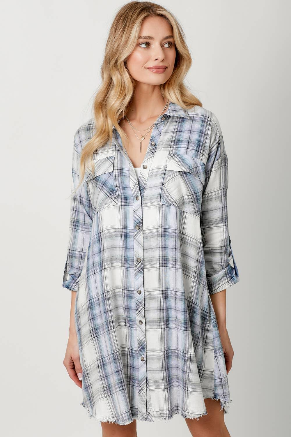 Washed Plaid Shirt Dress - Southern Sassy Boutique