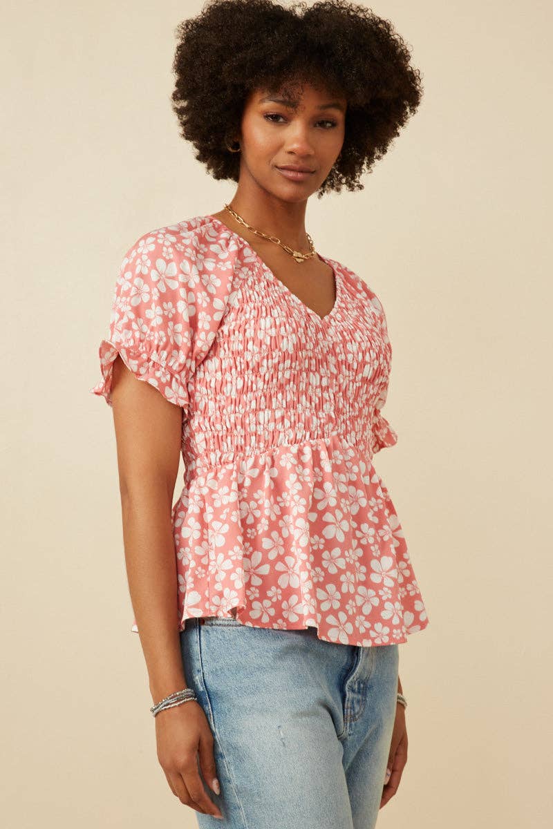 Floral Print V Neck Smocked Panel Top