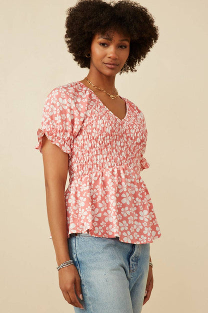 Floral Print V Neck Smocked Panel Top