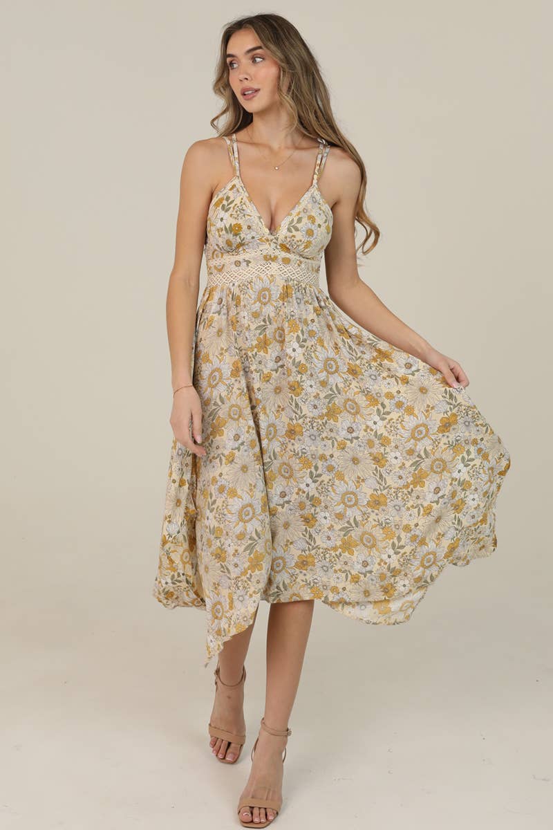 Boho Daisy Print Lace Trim Hanky Midi Dress